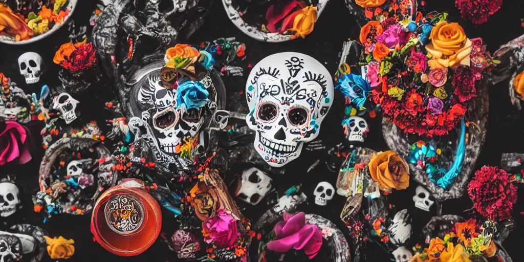 Prompt: a photo of a day of the death birthday party celebration, day of the dead themed foods and drinks, photo realistic, hyper realistic, detailed, sharp, focused, focused, detailed, sharp, instagram, influencer, 8 k resolution, hyperrealistic, octane render