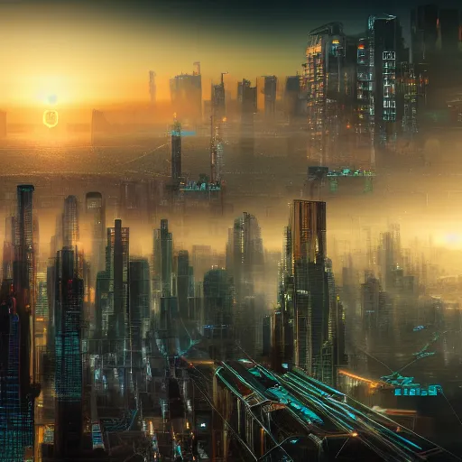 Image similar to cyber punk,eyeline view,city panorama,beautiful sunset,organic growth, panoramic,boris vallejo,luis royo,michael whelan,photorealistic,unreal engine 5,octane render,detailed