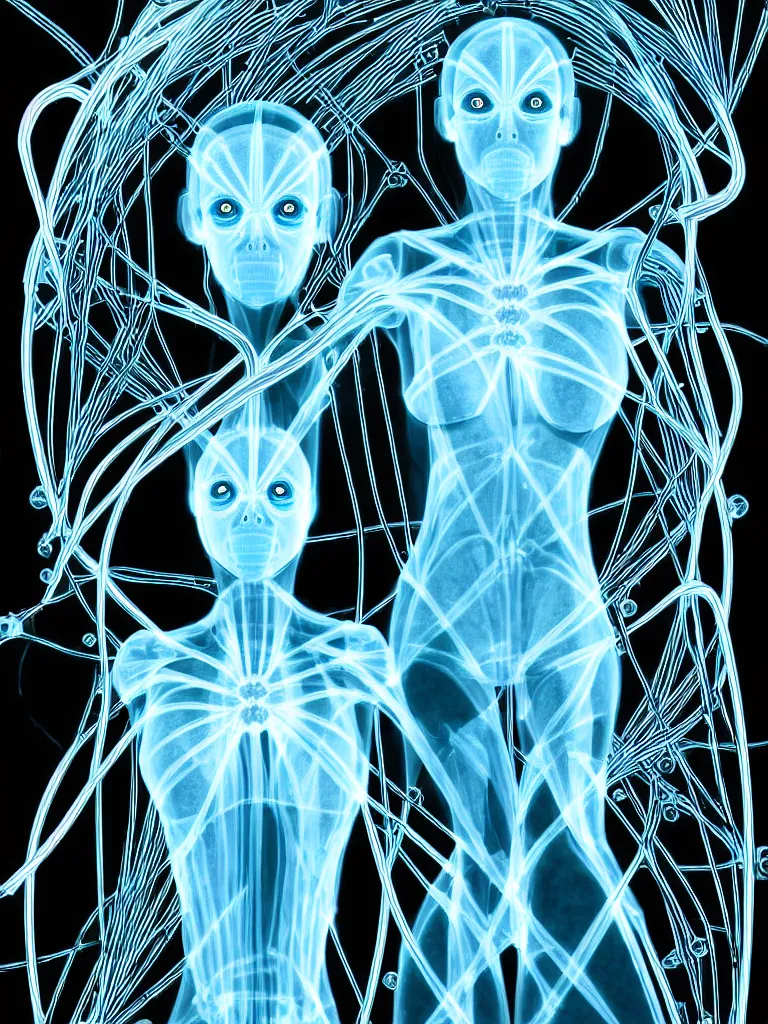 Image similar to x - ray bioscans, new ai race, inspired by æon flux, hideo kojima, mobius, shepard fairey, pre - raphaelite, manga art, ferrofluid, quantum, unsettling yet enticing, wires, veins, ultrafine inklines, 4 k photorealistic, full shot,