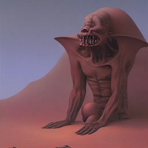 Prompt: desert goblin by Zdzisław Beksiński, oil on canvas