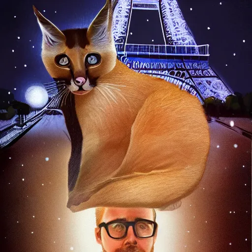 Image similar to Ryan Gosling holds a caracal cat in his hands against the backdrop of the Eiffel Tower, ultra highly detailed, smooth, sharp focus, digital art, digital painting, fan art, elegant, artstation