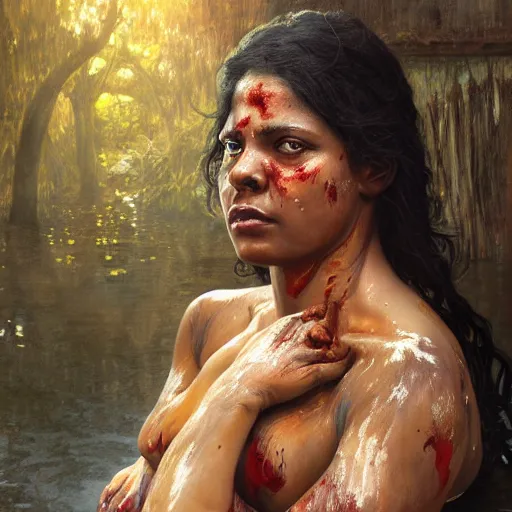 Prompt: portrait painting of a black muscular bloodied indian middle aged woman bathing, ultra realistic, concept art, intricate details, eerie, horror, highly detailed, photorealistic, octane render, 8 k, unreal engine. art by artgerm and greg rutkowski and alphonse mucha