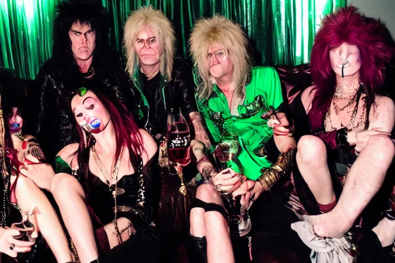 Image similar to glam rockers drinking brutal and raw wine, inside a green room with red lights in renaissance style