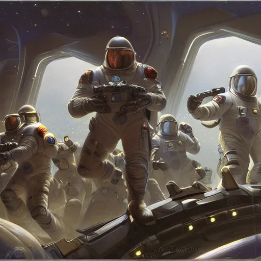 Image similar to space soldiers invading an space station, detailed, centered, digital painting, artstation, concept art, donato giancola, Joseph Christian Leyendecker, WLOP, Boris Vallejo, Breathtaking, 8k resolution, extremely detailed, beautiful, establishing shot, artistic, hyperrealistic, beautiful face, octane render