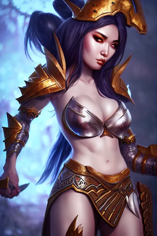 Prompt: sakimi chan, fantasy armor, detailed face, curvy, white skin, dynamic lighting, tony sart, unreal engine