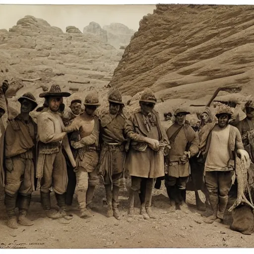 Image similar to ultra detailed photorealistic sepia - toned painting from 1 9 1 7, a small group of british soldiers standing with bedouin traders in traditional arab garb, at an archaeological dig site in wadi rum, ultra realistic, painted, intricate details, lovecraft, atmospheric, dark, horror, brooding, highly detailed, by clyde caldwell