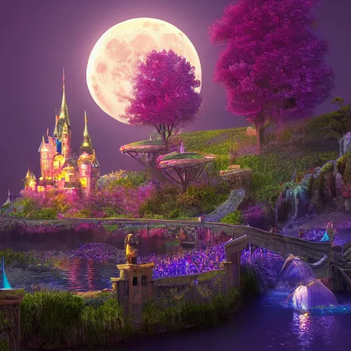 Image similar to a single glittering fairy castle at night, a full moon, water and colourful flowers, extremely detailed oil painting, unreal 5 render, fantasy digital art, octane render, beautiful composition, trending on artstation, award-winning photograph, masterpiece