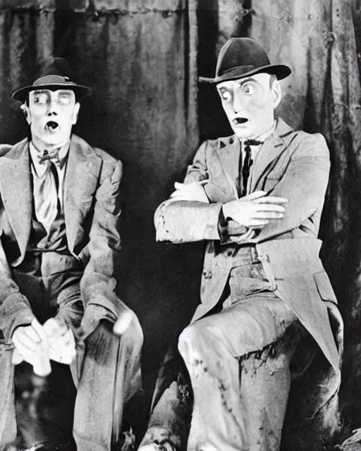 Prompt: Buster Keaton and Jimmy Durante as zombies, 1930' horror movie, Studio still