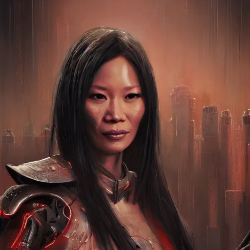 Image similar to lucy liu portrait, dystopia core, apocalyptic, armor, warrior, dramatic, sharp focus, fiction, neon, fantasy, hyper detailed, digital art, trending in artstation, cinematic lighting, studio quality, smooth render, unreal engine 5 rendered, octane rendered, art style and nixeu and wlop and krenz cushart