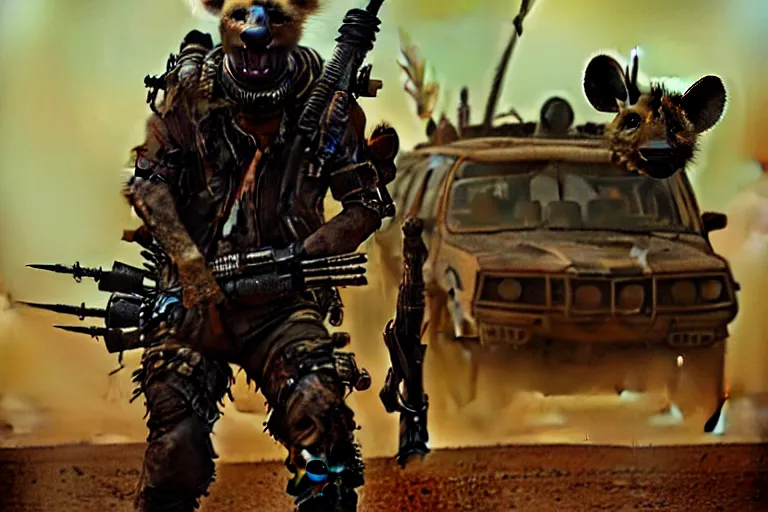 Image similar to a good ol'hyena fursona ( from the furry fandom ), heavily armed and armored facing down armageddon in a dark and gritty version from the makers of mad max : fury road. witness me.