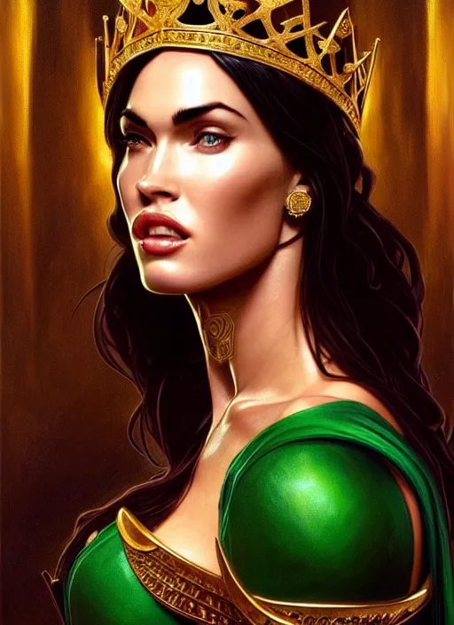 Prompt: portrait of megan fox as a queen, throne, jewelry, greek, emerald, intricate, headshot, highly detailed, digital painting, artstation, concept art, sharp focus, cinematic lighting, illustration, art by artgerm and greg rutkowski, alphonse mucha, cgsociety