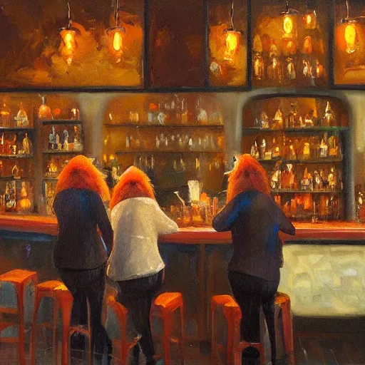 Prompt: several foxes, city streets background outside of the bar. a crowd of foxes eating cheese at the tavern. bartender fox cleaning a glass behind the counter. moody lighting. red bar stools. whiskey and wine and beers. some tough foxes playing poker in the distant corner. oil painting by terese guay kinkade