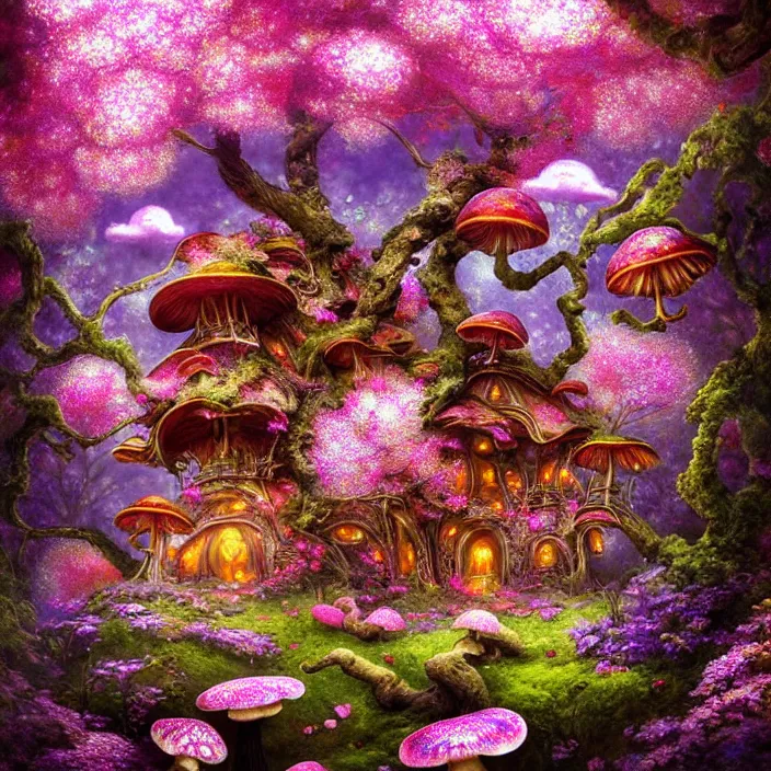 Image similar to extremely psychedelic home made of orchid and cherry blossom tree and mushroom, LSD, diffuse lighting, fantasy, intricate, elegant, highly detailed, lifelike, photorealistic, digital painting, artstation, illustration, concept art, smooth, sharp focus, art by John Collier and Albert Aublet and Krenz Cushart and Artem Demura and Alphonse Mucha