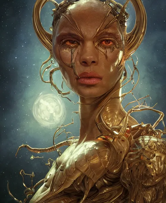 Image similar to portrait of a shining predatory insect alien monster, muscles, rippling, milky way environment, ultra realistic, concept art, intricate details, eerie, highly detailed, photorealistic, octane render, 8 k, unreal engine. art by artgerm and greg rutkowski and alphonse mucha