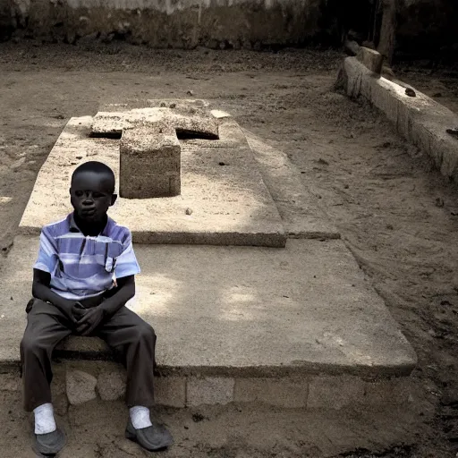 Prompt: a nigerian boy sitting next to a grave, the grave has an engraved text that says rip anglettere super detailed, accurate text, sunflare.