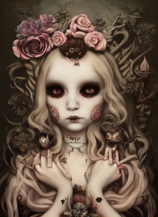 Image similar to pop surrealism, lowbrow art, realistic cute dark priestess painting, japanese street fashion, hyper realism, muted colours, rococo, natalie shau, loreta lux, tom bagshaw, mark ryden, trevor brown style,