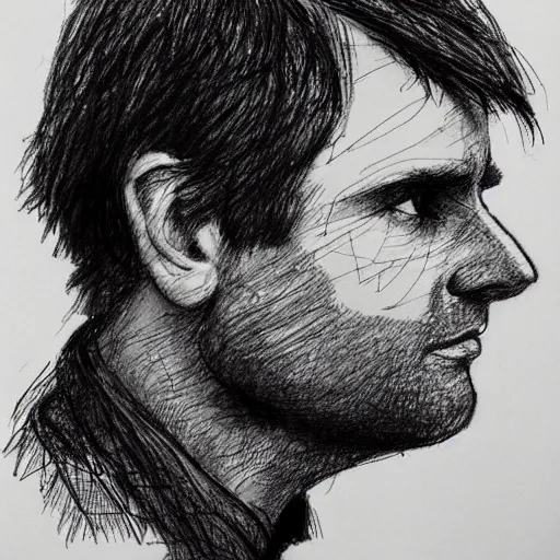 Prompt: a realistic yet scraggly portrait sketch of the side profile of a stern and sophisticated ben gibbard, trending on artstation, intricate details, in the style of frank auerbach, in the style of sergio aragones, in the style of martin ansin, in the style of david aja, in the style of mattias adolfsson