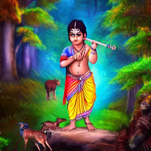 Image similar to photorelastic ,Young Krishna playing flute in forest and all animals listen his melodious music , Zoom out ,artstation, devainart ,illustration, scenery,