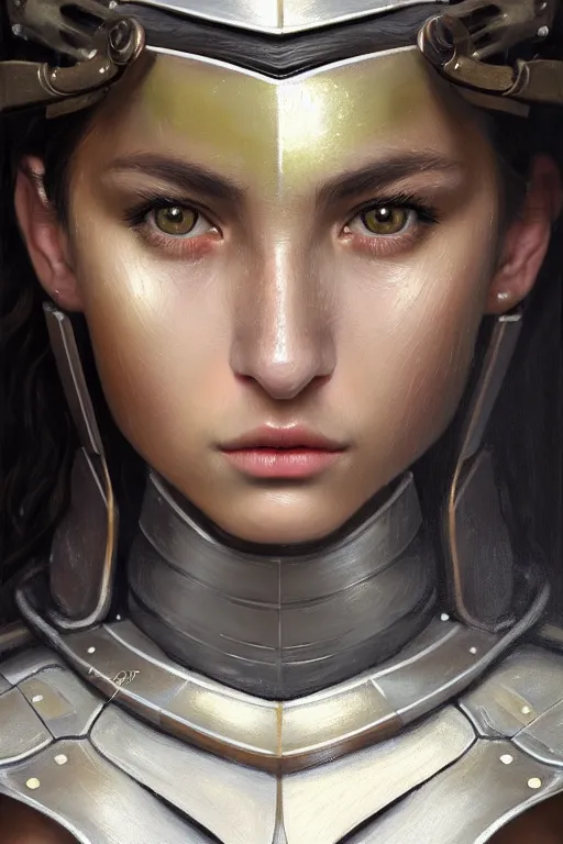 Image similar to a photorealistic painting of an attractive young girl, partially clothed in metal-plated battle armor, olive skin, long dark hair, beautiful bone structure, symmetrical face, perfect eyes, intricate, elegant, digital painting, concept art, illustration, sharp focus, minimal artifacts, from Metal Gear, in the style of Ruan Jia and Mandy Jurgens, by Greg Rutkowski, trending on Artstation, award winning