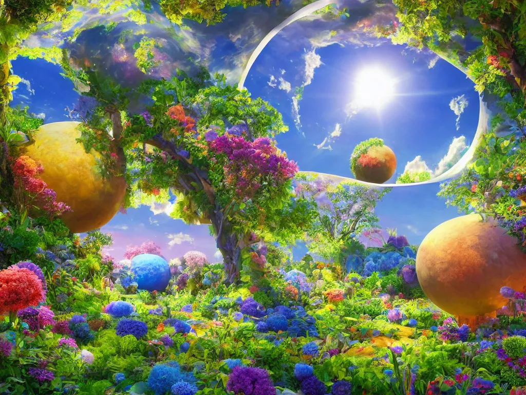 Image similar to 3 d render, the universe is a spheroid region 7 0 5 meters in diameter, sunlight study, art nouveau, by rachel ruysch and sanford robinson gifford and ( ( ( ( ( lisa frank ) ) ) ) ), kauai springtime, 8 k, extreme detail, sharp focus, octane render