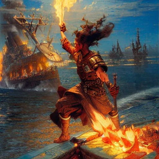 Prompt: stunning male master wizard destroying a war ship by his fire spell, highly detailed painting by gaston bussiere, craig mullins, j. c. leyendecker, 8 k