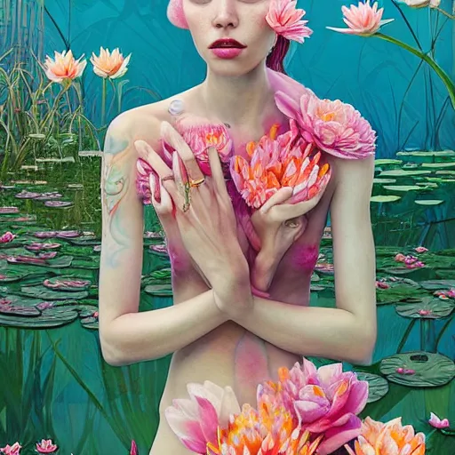 Image similar to pretty model with water lilies : : by martine johanna and simon stalenhag and chie yoshii and casey weldon and wlop : : ornate, dynamic, particulate, rich colors, intricate, elegant, highly detailed, vogue, harper's bazaar art, fashion magazine, smooth, sharp focus, 8 k, octane render