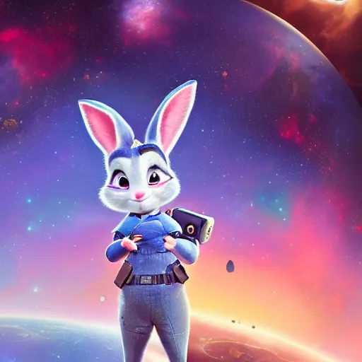 Image similar to portrait of Judy Hopps in the space with nebulae, realistic painting, high definition, digital art, matte painting, very detailed, realistic