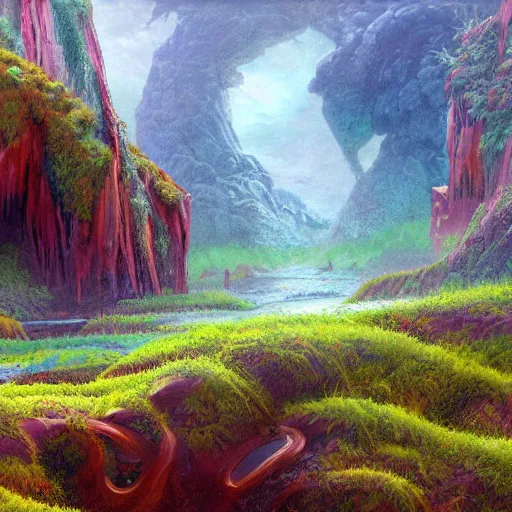 Image similar to digital painting of a lush wet natural scene on an alien planet by gerald brom. digital render. detailed. beautiful landscape. colourful weird vegetation. cliffs.