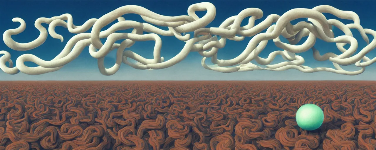 Image similar to a swirling cloud of snake medicine. Painting by René Magritte, 3D rendering by Beeple, sketch by R. Crumb