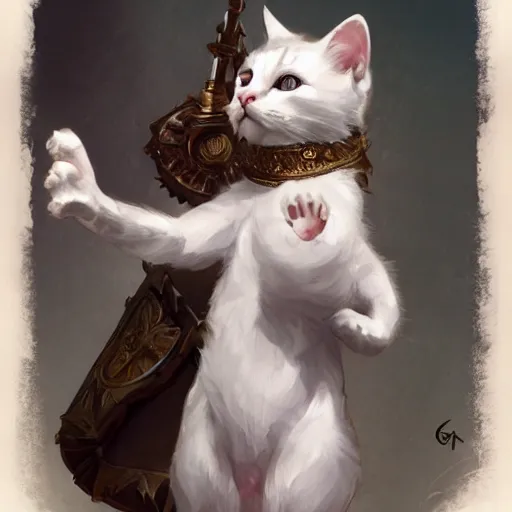 Image similar to A cute heraldic white kitty cat queen posing with one paw pointing slightly up, D&D, fantasy, intricate, cinematic lighting, highly detailed, digital painting, artstation, concept art, smooth, sharp focus, illustration, art by Akihiko Yoshida, Greg Rutkowski and Alphonse Mucha