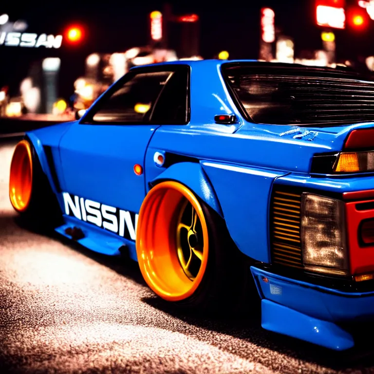 Image similar to close-up-photo Nissan S30 turbo illegal roadside night meet, deep dish work-wheels, Shibuya Shibuya, cinematic color, photorealistic, highly detailed night photography