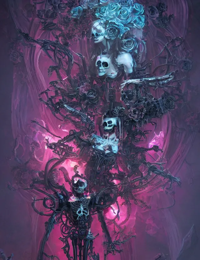 Image similar to a chaotic goddess of death skeleton as a heroine, intricate, elegant skull black rose s day of the dead atmospheric, dramatic, Trending on artstation. augmentations and cybernetic enhancements neon circuits, greg rutkowski , hyperrealist, cinema4D, 8k highly detailed