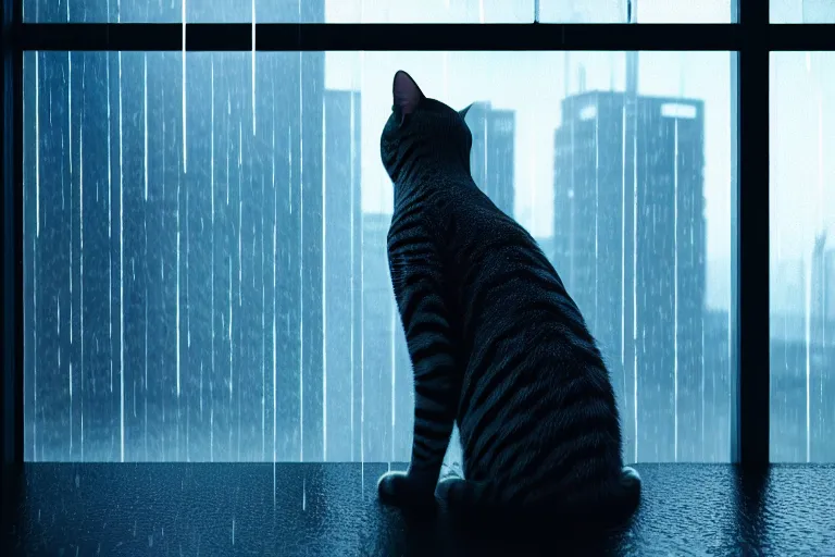 Image similar to A cat sitting on a window watching the view of a cyberpunk city, 24mm, 8k, octane render, beautiful, peaceful, cyberpunk, moody, raining, rain, super detailed, dof, volumetric lighting, rtx, raytracing