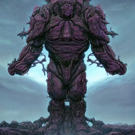 Prompt: concept art of a giant bulky fractal titan, the deadly sin of sloth, day time, foreboding, fantasy, field, trending on artstation, wayne barlowe