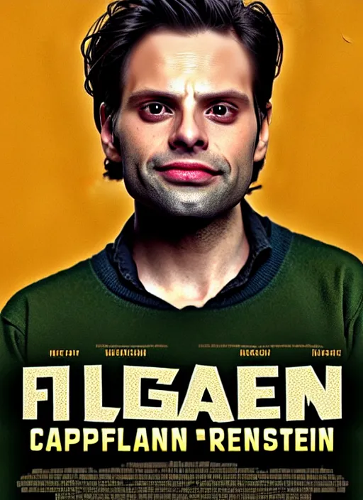 Image similar to highly detailed comedy caper movie poster with flan pudding faced sebastian stan as a sentient flan pudding, sebastian stan face made from flan pudding by greg rutkowski, masterpiece, 1 0 / 1 0