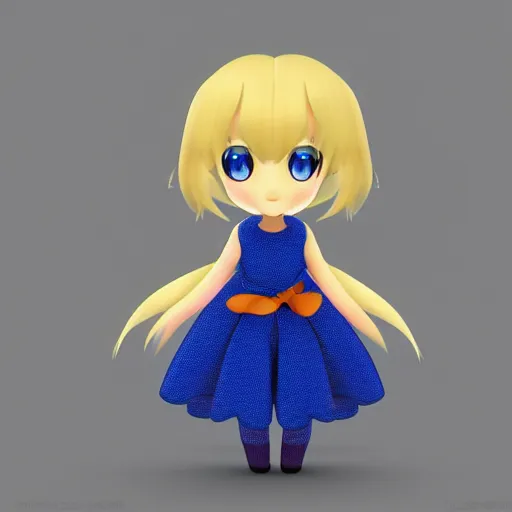 Image similar to cute fumo plush of a girl in a blue and oragne dazzle pattern dress, anime, character silhouette, edge glow, cel shaded pbr, vray