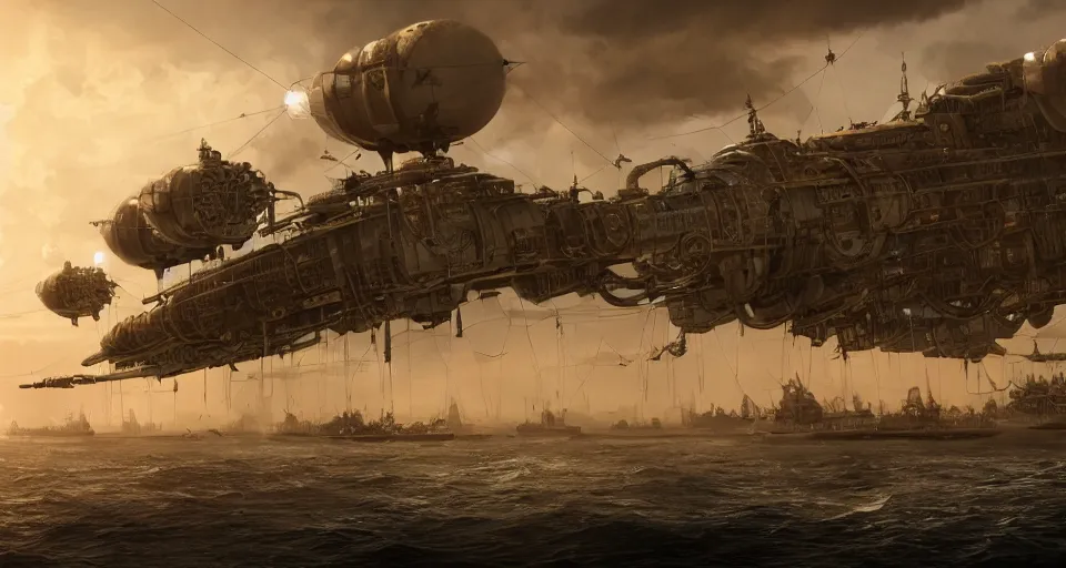 Prompt: Steampunk of a Fleet Airships before battle, hyperdetailed, artstation, cgsociety, golden hour 8k