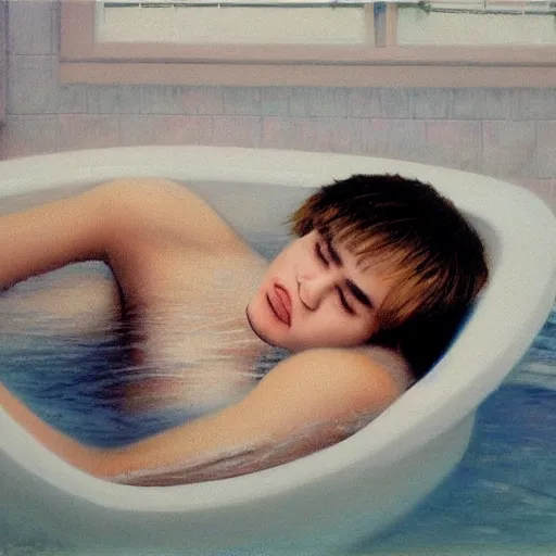 Prompt: justim bieber laying in a bathtub filled with milk, cinematic, cottage core, cinematic focus, polaroid photo bleached vintage pastel colors high - key lighting, soft lights, foggy, by steve hanks, by lisa yuskavage, by serov valentin, by tarkovsky, 8 k render, detailed, oil on canvas