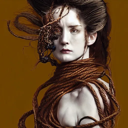 Image similar to portrait of a Shibari rope wrapped face and neck, headshot, insanely nice professional hair style, dramatic hair color, digital painting, of a old 17th century, old cyborg merchant, amber jewels, baroque, ornate clothing, scifi, realistic, hyperdetailed, chiaroscuro, concept art, art by Franz Hals and Jon Foster and Ayami Kojima and Amano and Karol Bak,