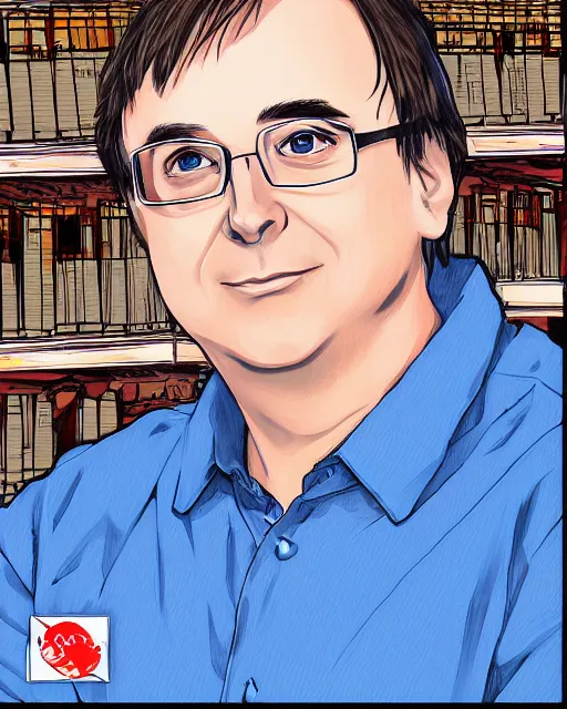 Prompt: Digital state-sponsored anime art of Linus Torvalds by A-1 studios, serious expression, empty warehouse background, highly detailed, spotlight