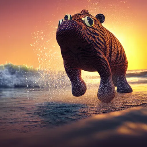 Image similar to a closeup photorealistic photograph of a cute smiling knitted tiger hippopotamus chasing after beachballs during sunset. surf in background. professional capture. this 4 k hd image is trending on artstation, featured on behance, well - rendered, extra crisp, features intricate detail, epic composition and the style of unreal engine.