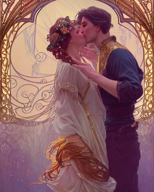 Image similar to the kiss | highly detailed | very intricate | art nouveau | gold filigree | romantic storybook fantasy | soft cinematic lighting | award - winning | painted by mandy jurgens and alphonse mucha and alena aenami | pastel color palette | featured on artstation