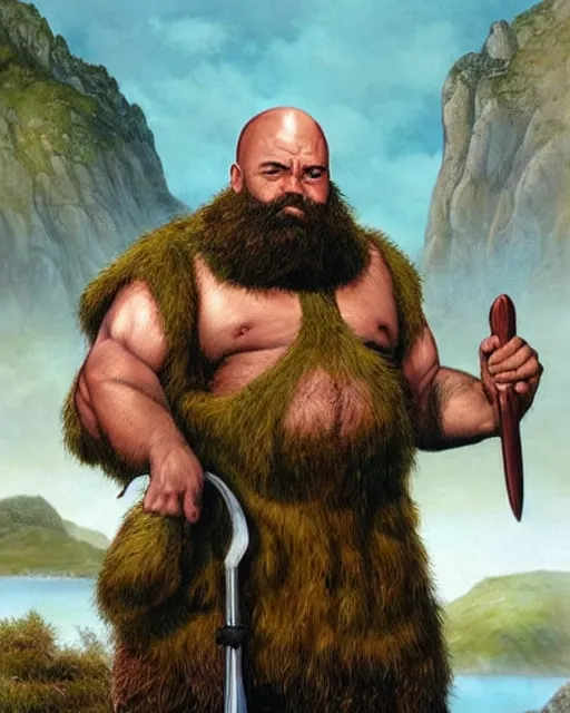 Image similar to a bald warrior male dwarf with long brown beard in a mountainous landscape, art by mark brooks, jason edmiston, glenn fabry