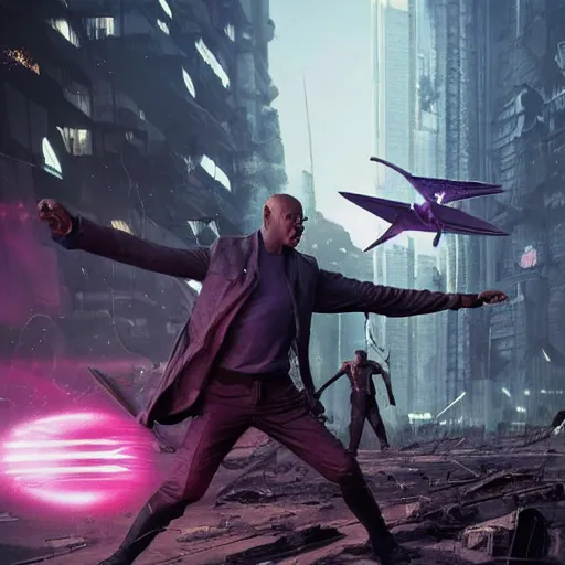 Prompt: mace windu fighting a group of pterodactyls in a destroyed cyberpunk city shooting lasers by greg rutkowski