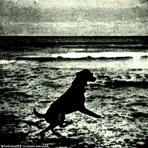 Prompt: an early 1 9 0 0 s photograph of a luminescent black dog levitating high over the beach, magical orbs, moonlight, nighttime
