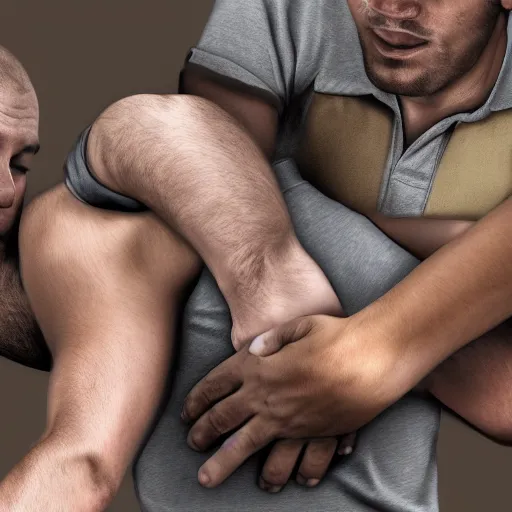Prompt: man being grabbed by another man, photorealistic, high detail