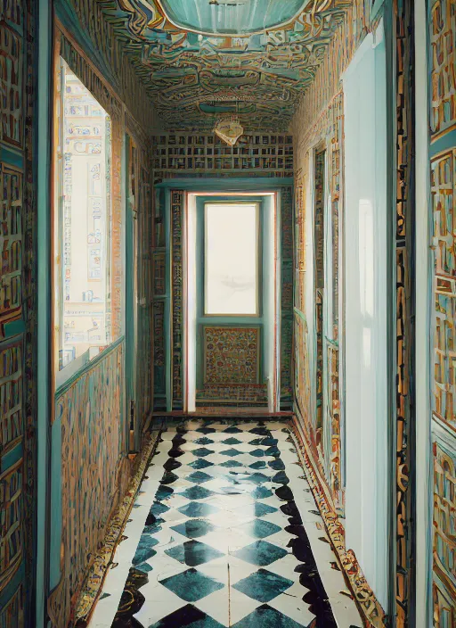 Image similar to photograph of a hallway in the style of Wes Anderson, architecture magazine, dezeen, 50mm, pentax, film