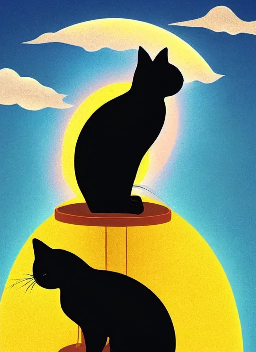 Image similar to a black cat standing on top of a yellow sun, a storybook illustration by sara saftleven, behance contest winner, nuclear art, sunrays shine upon it, god rays, digital illustration