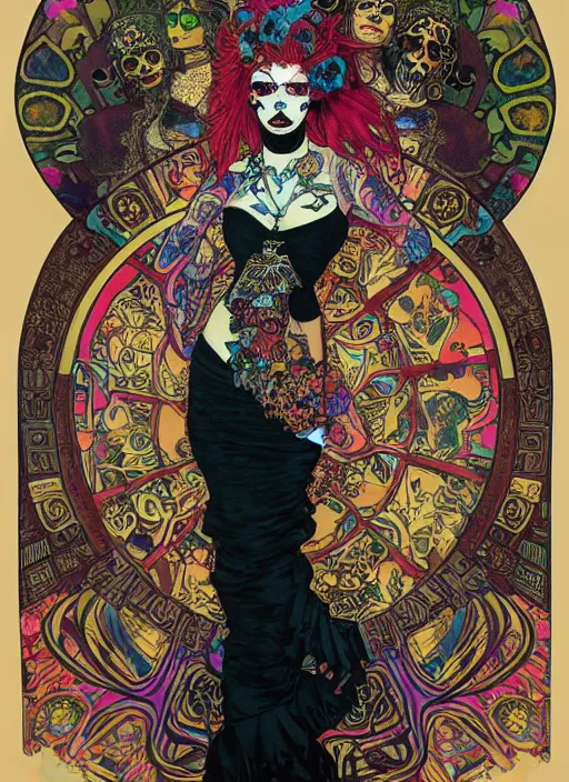 Prompt: cute punk goth fashion fractal Día de los Muertos tattooed blonde girl posing, psychedelic poster art of by Victor Moscoso Rick Griffin Alphonse Mucha Gustav Klimt Ayami Kojima Amano Charlie Bowater, masterpiece