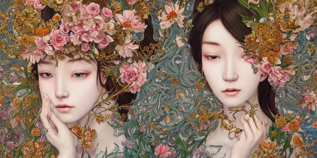 Prompt: breathtaking detailed concept art painting of the queen of flowers, orthodox saint, with anxious, piercing eyes, ornate background, amalgamation of leaves and flowers, by Hsiao-Ron Cheng, James jean, Miho Hirano, Hayao Miyazaki, extremely moody lighting, 8K